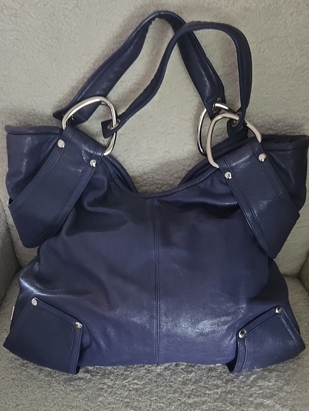 Kooba Blue Leather Tote with Silver Rings